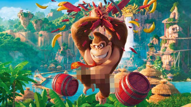 Ein Bild zeigt Donkey Kong, wie er mit verschwommenem Schritt in die Nähe von Fässern springt. 
